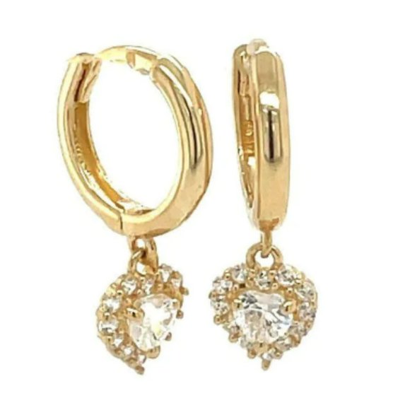 14K Yellow Gold CZ Huggies Hoop Earrings Heart Drop Earrings for Womens Aretes - Picture 1 of 6